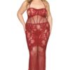 Camicia da notte lunga taglie forti rete rossa pizzo floreale design halter elegante sensuale