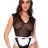 Costume cameriera sexy body trasparente pois pizzo grembiule fascia capelli sensuale elegante raffinata seducente