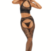 Set intimo donna 2 pezzi rete fantasia nera top reggicalze calze eleganti sensuale elegante