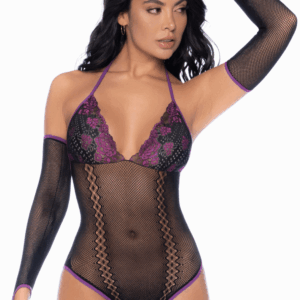 Body nero viola elegante raffinato sensuale intimo donna con guanti rimovibili in pizzo delicato