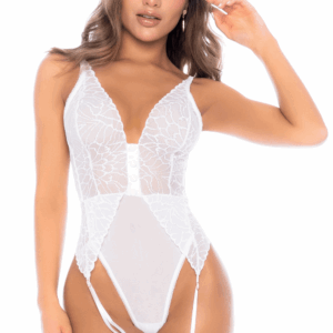 Body bianco con reggicalze integrati pizzo trasparente spalline regolabili dettagli raffinati sensuale elegante raffinata