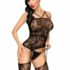 Bodystocking nero pizzo floreale spalline sottili reggicalze integrati elegantissimo sensuale elegante raffinata seducente femminile