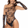 Costume sexy da gatta cinque pezzi body pizzo guanti collare cerchietto nero elegante seducente
