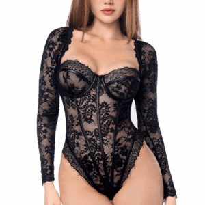 Body sexy maniche lunghe pizzo nero dettagli effetto pelle stile gotico elegante raffinato Mapalé