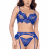 Completo sexy blu intenso tre pezzi pizzo effetto ciglia raffinato elegante sensuale raffinata seducente