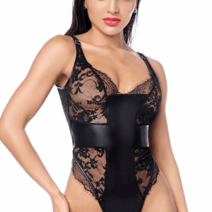 Body nero pizzo similpelle spalline regolabili chiusura cavallo design seducente sensuale elegante raffinata femminile