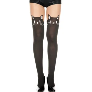 Collant semi opaco nero con testa di gatto dettaglio originale elegante moderno fantasia donna