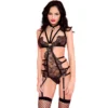 Body nero pizzo ciglia cinturini anelli metallo look feticista seducente audace donna sensuale elegante