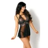 Camicia da notte Mariana elegante pizzo nero dettagli argentati perizoma coordinato sensuale raffinata seducente
