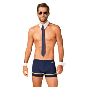 Costume da pilota sexy completo con colletto cravatta boxer polsini occhiali da sole uomo