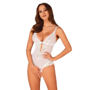 Body aperto bianco pizzo trasparente elegante scollatura profonda spalline regolabili sensuale raffinata seducente femminile