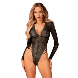 Corpo Merlys Nero Pizzo Floreale Trasparente Maniche Lunghe Profondo Scollo V sensuale elegante raffinata