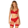 Set lingerie rosso tre pezzi pizzo reggiseno perizoma reggicalze elegante sensuale raffinata seducente femminile