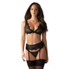 Completo intimo nero tre pezzi pizzo trasparente reggiseno perizoma reggicalze sensuale elegante raffinata seducente
