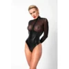 Body sexy nero trasparente con anelli metallici collo alto maniche lunghe sensuale elegante raffinata