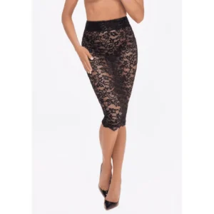 Gonna midi elegante pizzo nero raffinata vita alta orlo smerlato lacci posteriori femminile sensuale