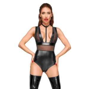 Body Powerwetlook Nero Spalline Larghe Inserti Tulle Girocollo Velluto Elegante Sensuale Adatto Serate Alternative
