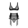 Set lingerie nero tre pezzi reggiseno perizoma reggicalze trasparenze eleganza seduzione sensuale elegante raffinata