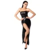 Abito lungo bustier nero elegante spacco alto tessuto wetlook aderente sensuale raffinata seducente femminile