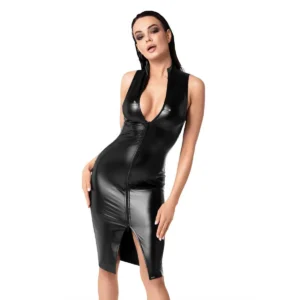 Abito donna wetlook nero aderente zip profonda spacco stile moderno audace sensuale elegante raffinata