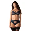 Completo intimo blu notte tre pezzi pizzo trasparente reggiseno reggicalze slip sensuale elegante raffinata