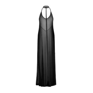 Abito lungo da notte nero elegante scollatura profonda tessuto trasparente leggero sensuale raffinata seducente