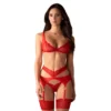 Set lingerie rosso tre pezzi reggiseno pizzo perizoma giarrettiera elegante sensuale raffinata seducente femminile