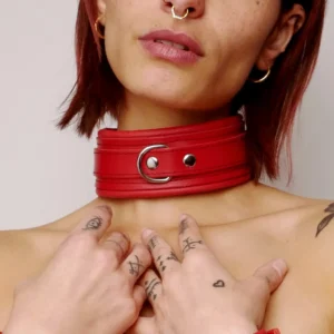 Collare pelle imbottita rosso attacchi argentati design audace versatile moda sensuale elegante raffinata seducente