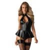 Bustino nero lucido zip dorata reggicalze trasparenze rete volant femminile sensuale elegante raffinata seducente