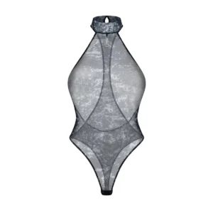 Body trasparente elegante design corrosivo collo alto ciondolo metallico sofisticato sensuale raffinata seducente femminile