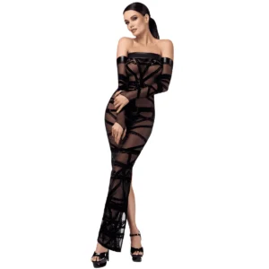 Abito lungo Bondesque Opera spalla scollata tessuto trasparente elegante sensuale raffinata seducente femminile sofisticata
