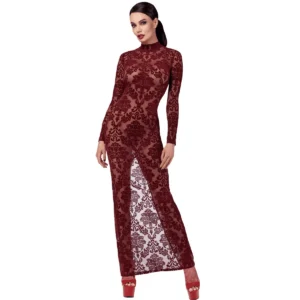 Abito lungo elegante tessuto trasparente motivo barocco maniche lunghe sensuale raffinata seducente femminile sofisticata