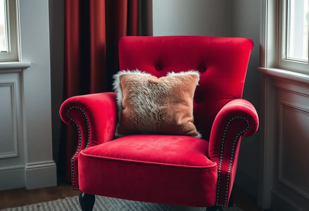 Poltrona imbottita di velluto rosso scuro, esaltando i tessuti invernali