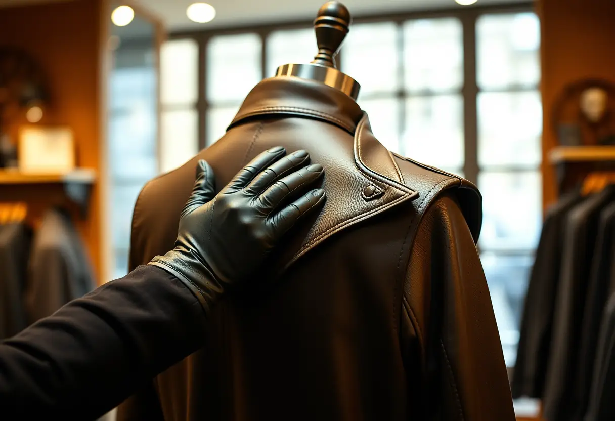 mani guantate che lisciano un gilet in pelle su un manichino in una boutique