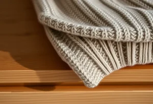 Un maglione di lana piegato accuratamente su un comodino di legno, evidenziando la sua morbidezza e cuciture intricate