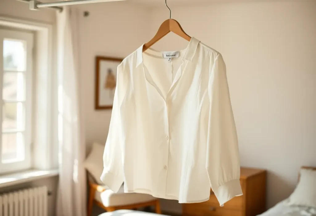 camicia di cotone leggero appesa su un appendino di legno in una stanza illuminata dal sole