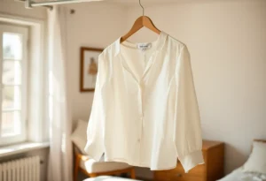 camicia di cotone leggero appesa su un appendino di legno in una stanza illuminata dal sole