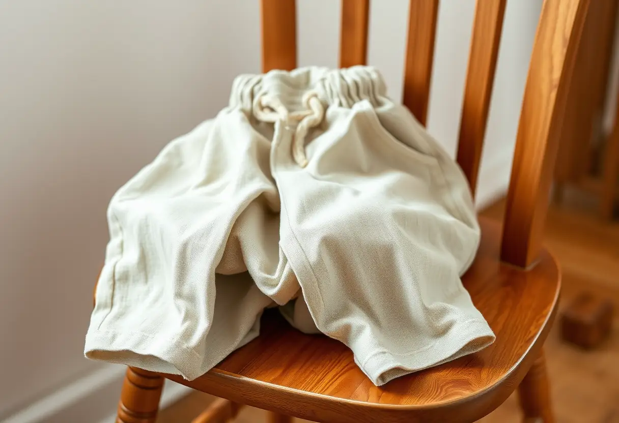 pantaloni di lino piegati accuratamente su una sedia di legno