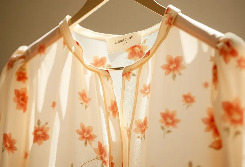 camicia di chiffon con motivi floreali sospesa su un appendino, fotografata in studio, senza testo