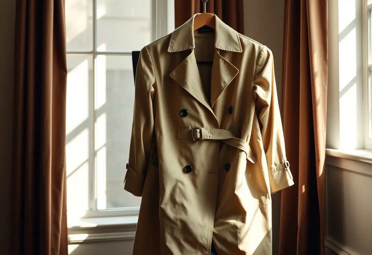 impermeabile drappeggiato su una sedia, mostrando lunghezza e struttura, illuminato dalla luce del sole che filtra attraverso una finestra, senza testo