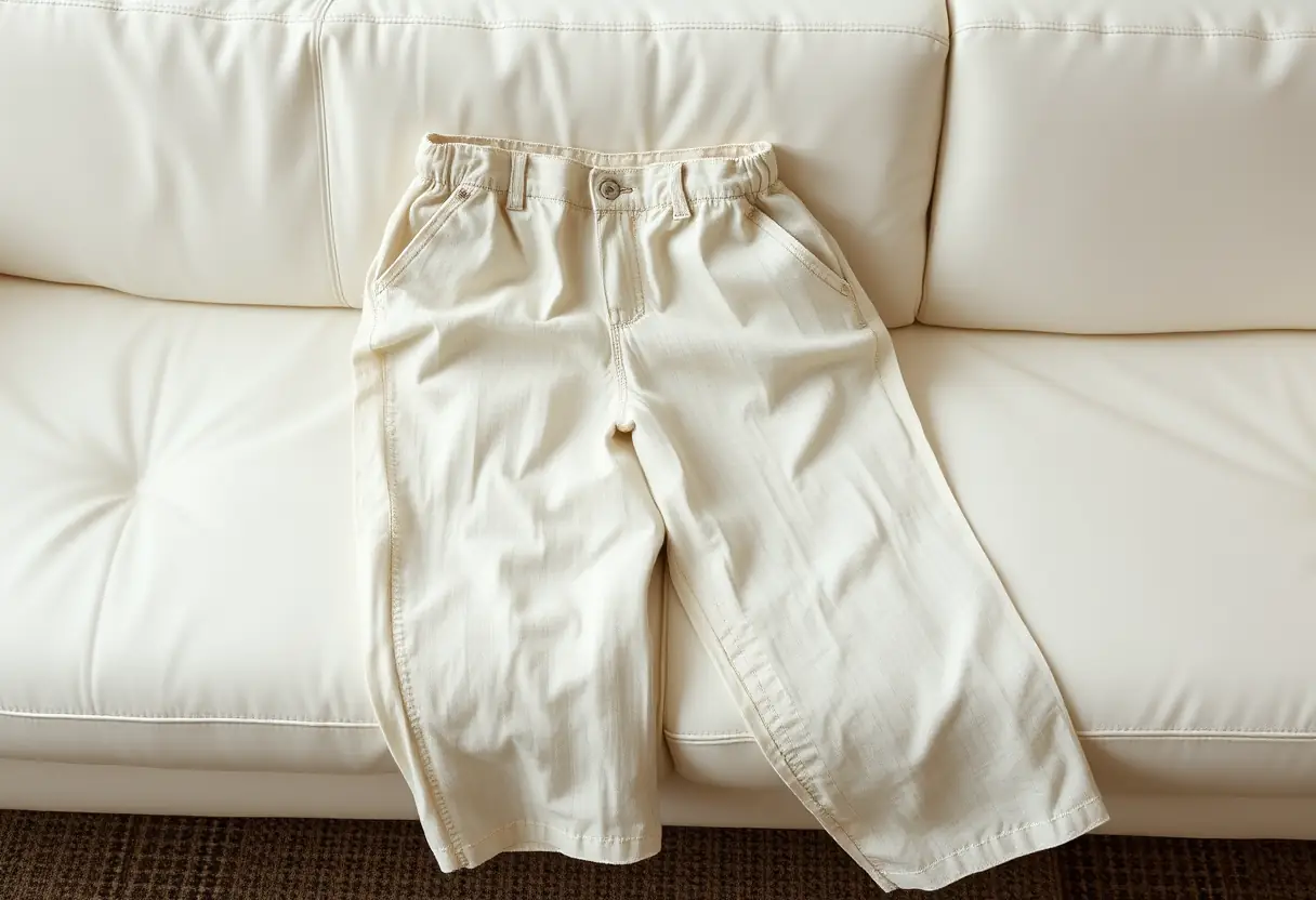 pantaloni larghi di lino posati su un divano di pelle candida