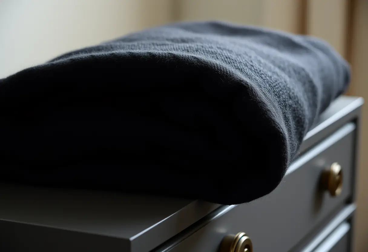 Maglione nero piegato sulla toilette, abbigliamento funebre
