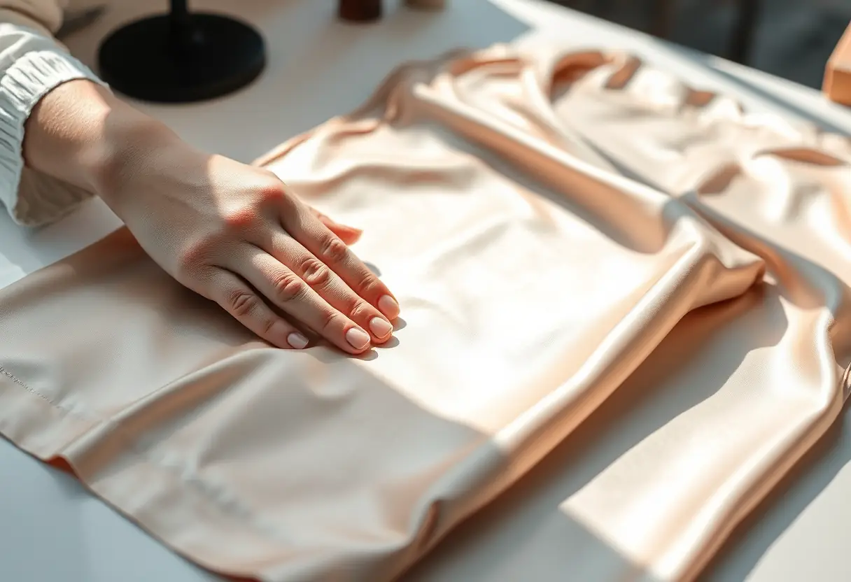 mano di donna che liscia una camicia di seta sullo scrivania