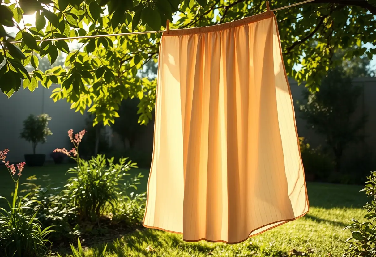 gonna lunga fluida appesa ad una corda in giardino, luce solare