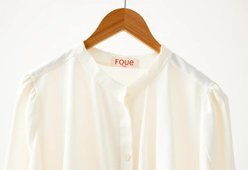 una camicia di cotone appesa su un appendino di legno, blouse di cotone
