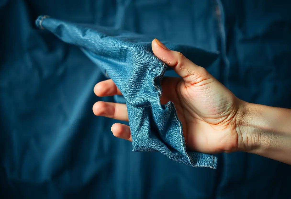 Una mano stringe un pezzo di stoffa jeans