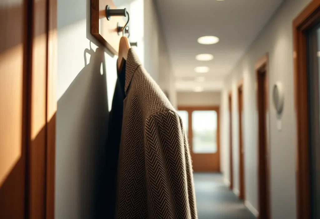 Blazer di lana intrecciata in un ingresso d'ufficio